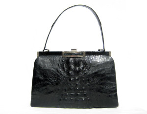  Midnight BLACK 1950's-60's Hornback CROCODILE Skin Shoulder Bag 