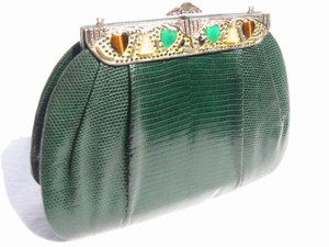  GREEN JEWELED 1970's-80's LIZARD Skin Evening Bag - LA JEUNESSE 