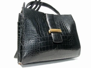  HUGE 1960's LUCILLE de PARIS Jet BLACK Alligator Skin Handbag 
