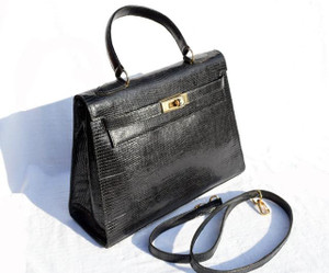  1980's-90's BLACK Birkin Style LIZARD Skin KELLY Bag BRIEF 
