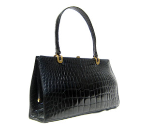  MARK CROSS 1950's-60's Jet BLACK Alligator Belly Skin Handbag 