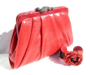  Gorgeous RED Judith Jack 1980's-90's KARUNG Snake Skin Clutch Shoulder Bag - Marcasite CAT - Matching Leather Flower Cuff! 