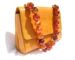  ORANGE Early 2000's LIZARD Skin Handbag -Heavy BEADED Handle front! 