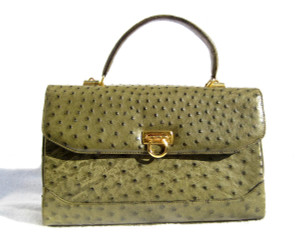  XL  Early 2000's ARMY GREEN Ostrich Skin Satchel Handbag 