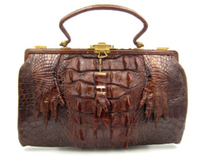 XL Early 1900's Chocolate Brown Edwardian Alligator Handbag w/Paws & Pull 