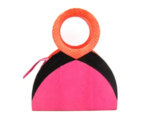  COLOR BLOCK Orange, Pink & Black Structural 1970's-80's COBRA Snake Skin Handbag - ANDREA PFISTER 