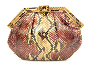  1990's COLOMBETTI Rose, Green & Tan PYTHON Snake Skin Shoulder CROSS BODY Evening Bag 