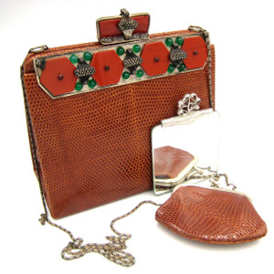  Burnt Orange JEWELED 1970's LIZARD Skin Shoulder Bag - LA JEUNESSE 
