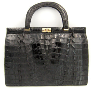  Stunning Jet BLACK 1970's Hornback Triple CROCODILE Tail Skin Handbag 