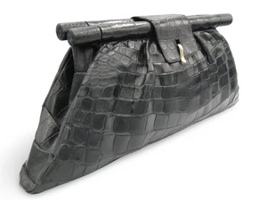 XXL 20"Jet BLACK 1960's Glossy Alligator Belly Skin Bag CLUTCH