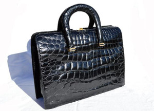  XL 1950s-60s Jet Black ALLIGATOR Belly Skin SATCHEL Handbag 