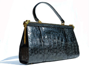  MASSIVE 1990's Black CROCODILE Skin SATCHEL Shoulder Handbag - LOCKS! 