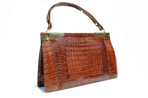  Large 13.5" Cognac 1990's CROCODILE Skin SHOULDER Bag 