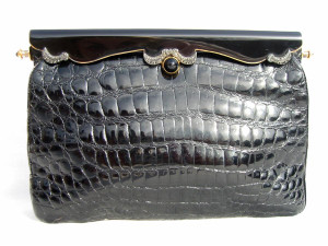  FINESSE Petite 1950's-60's Black CROCODILE Clutch Bag w/JEWELS 