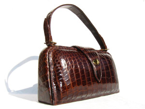  Chocolate 1950's-60's Hard-Sided CROCODILE Skin Handbag 