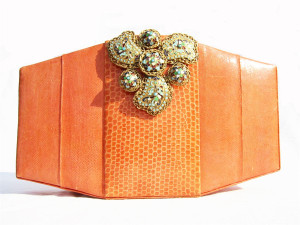  Jeweled 1970's-80's ORANGE Snake Skin CLUTCH Shoulder Bag 