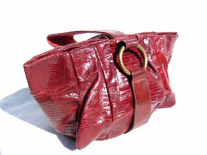  1940's-50's RED Deco Style Lizard Skin Handbag Wristlet w/BRASS Rings 