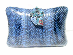  ELECTRIC BLUE 1970's-80's SNAKE SKIN Clutch Bag - JEWELED Clasp 