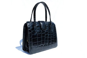  Large 1950's-60's Jet Black ALLIGATOR Skin Handbag 