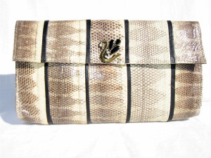  1970's-80's Cream & Black WATER SNAKE Skin Jeweled Swan CLUTCH 