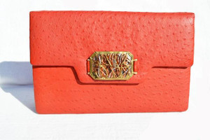  RED 1970's-80's Full Quill Ostrich Skin Clutch Shoulder Bag 