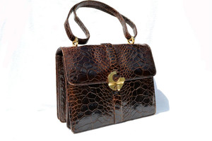  Large 1950's-60's Chocolate EXOTIC TURTLE SKIN Shoulder Bag 