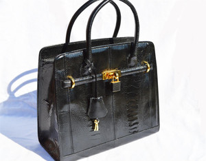  XL 2000's Black OSTRICH LEG Belted BIrkin Style Handbag - Lock & Keys! 