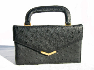  Petite JET BLACK 1950's-60's OSTRICH Skin Handbag - KORET 