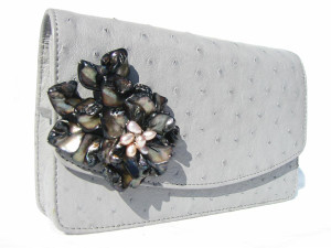  New! Gray OSTRICH Skin CLUTCH Shoulder Bag - Mother of Pearl! 