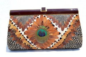  Stunning 1960's-1970's PEACOCK & Pheasant Feather CLUTCH Bag 