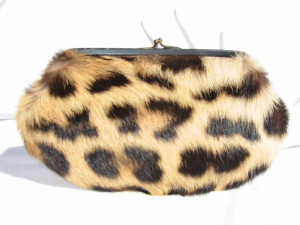  Petite 1950's LEOPARD Print RABBIT FUR Clutch w/RED Interior 