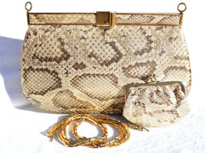  Jeweled Matte METALLIC GOLD 1980's PYTHON Snake Skin Clutch Shoulder Bag - LEIBER 
