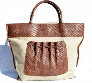  XXL 17 x 12 1990's-2000's PYTHON Snake Skin & Canvas LINEN SHOULDER Bag - ELIZABETH - Italy 