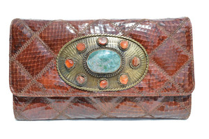  Custom RUST 1970's Quilted COBRA Snake Skin CLUTCH Shoulder Bag - Stone & Brass! 