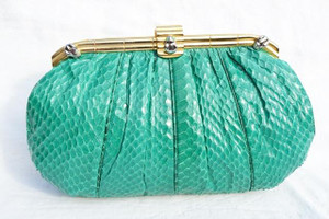  GREEN 1980's JUDITH LEIBER COBRA Snake Skin CLUTCH with Frogs! 
