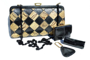  Black & Yellow 1970's Harlequin PYTHON Snake SKIN Clutch Shoulder Bag with Accessories 