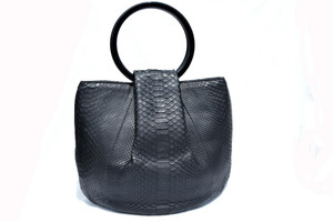  1990's-Early 2000's Matte BLACK Python Snake Skin Handbag Shoulder Bag- Ring Handles! 