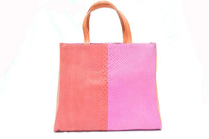  COLOR BLOCK Orange & Pink 1970's-80's PYTHON Snake Skin Tote Handbag Shoulder Bag - ANDREA PFISTER 