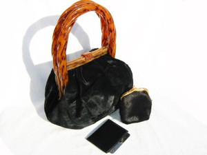  KORET 1940's-50's DECO Style CALF SKIN FUR Purse w/BAKELITE & Accessories 