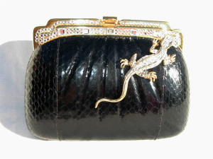  BLACK Jeweled 1980's COBRA Snake Skin CLUTCH Evening Bag - TIRA's 