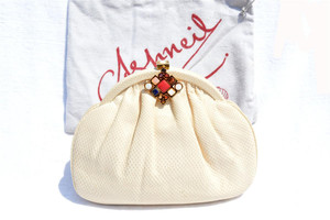  1970's Ivory ASHNEIL Karung Skin Clutch Bag w/JEWELED Clasp! 