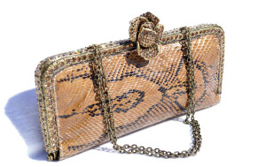  Jeweled 1990's Handmade PYTHON Skin Handbag with Jeweled Flower Clasp - CLARA KASAVINA 