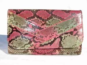  1970's PINK/GREEN PYTHON Snake Skin Clutch SHOULDER Bag G3-177 