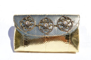  Jeweled METALLIC GOLD 1980's COBRA Snake Skin Evening Bag 
