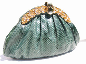  JEWELED Green 1970's-80's COBRA Snake Skin CLUTCH Shoulder Bag 