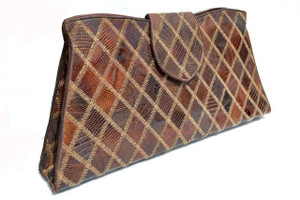 Large 14" CHOCOLATE 1940's-50's PATCHWORK Lizard Skin CLUTCH 