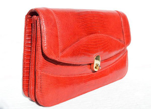  Ruby RED 1950's-60's LIZARD Skin Clutch Shoulder Bag w/Eel Skin Card Case 