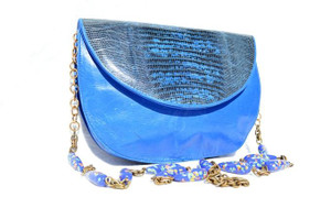  Electric BLUE 1970's-80's Lizard Skin & Leather CLUTCH Shoulder Bag - Cloisonne Strap! 