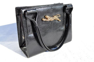  MARTIN VAN SCHAAK 1950's-60's BLACK Lizard Skin Handbag - JAGUAR! 