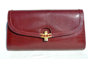  GUCCI 1980's-90's BURGUNDY Red Lizard Skin CLUTCH Shoulder Bag - Jewels 